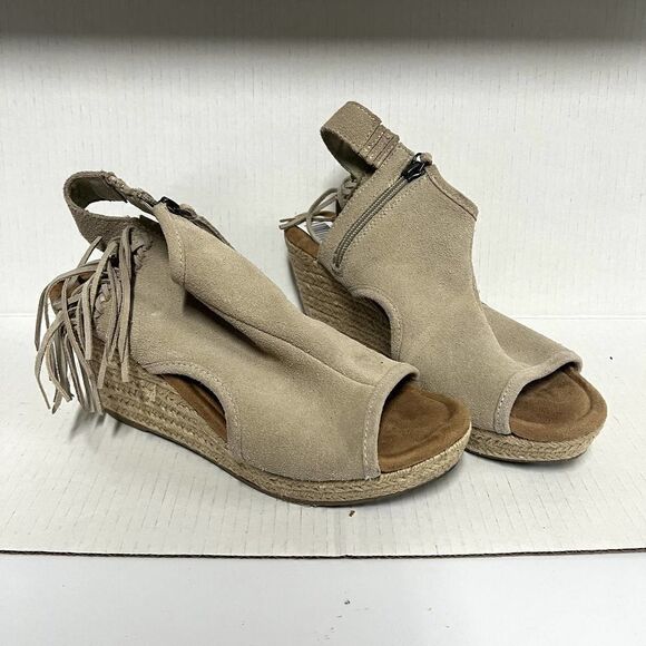 Minnetonka Blaire Fringe Suede Leather Open-Toe Wedge Espadrilles Stone Size 9 - Picture 3 of 9